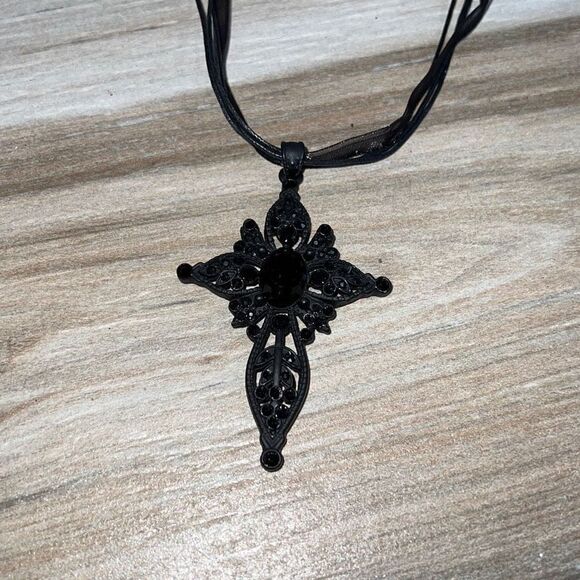 Necklace Pendant, All black, Beaded, Cross pendant On Cord - Picture 1 of 7